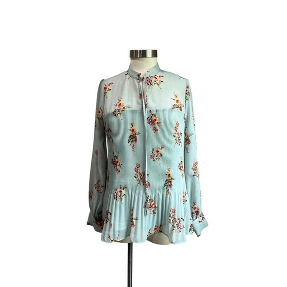 Pleione Long Sleeve Sheer Floral Front Tie Pleated Blouse Size Small - Picture 1 of 9